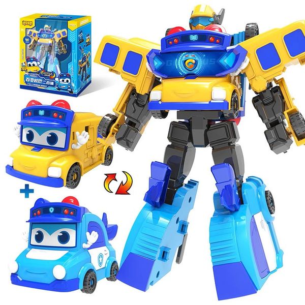 2 IN 1 GGBOND Gogo Bus Transformation Roboter zu Auto Actionfiguren Verformung KrankenwagenPolizeiFeuerwehrmann Rutsche Spielzeug für Kinder Geschenk 231220