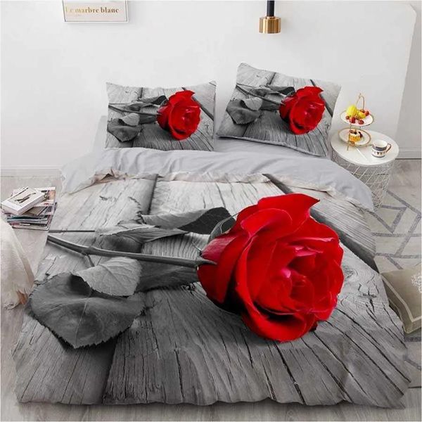 Conjunto Wostar Conjunto de Confundores de Poliéster 100% Conjunto de cama 3d Conjunto de edredão Tampa de edredão e travesseiros Rosa vermelha Têxteis florais 2/3pcs Camas de cama H091