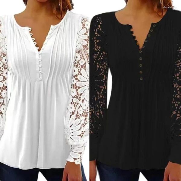 Camisetas femininas Mulheres Crochet Lace Puff Manga Longa T-shirt Botão Up V-Neck Plissado Túnica Top