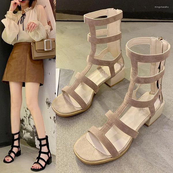 Kleid Schuhe Frauen Sommer 2023 Runde Zehe Chunky Heel Sandalen Open Back Zipper Retro Samt Mode Hohl