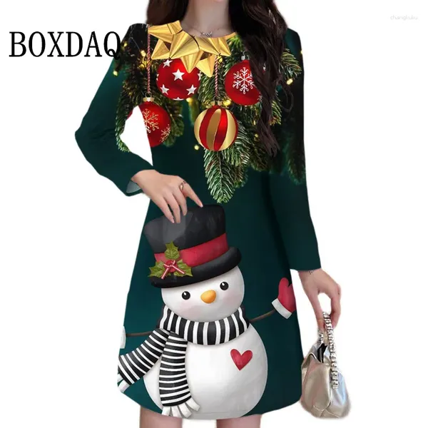 Vestidos casuais 2023 natal boneco de neve impressão mulheres bonito inverno manga longa festa vestidos roupas oversized