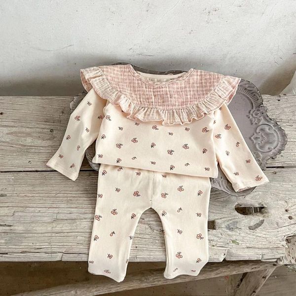 Set di abbigliamento Cervo Jonmi Stile coreano Primavera Autunno Nato Neonate Ciliegia stampata Pigiama Manica lunga Top Pantaloni Bavaglini con volant 3 pezzi