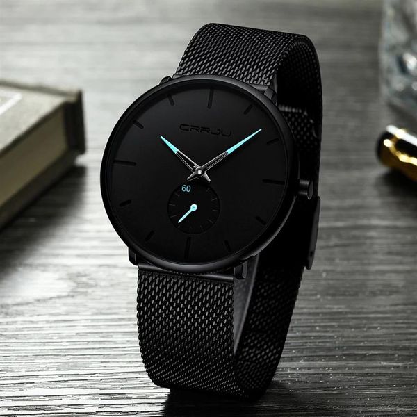 2021 Top Brand Fashion Mens Quartz Watch Crrju Luxury Watches Men Casual Slim Steel Waterproof Sport Owatch Relogio MascU252A