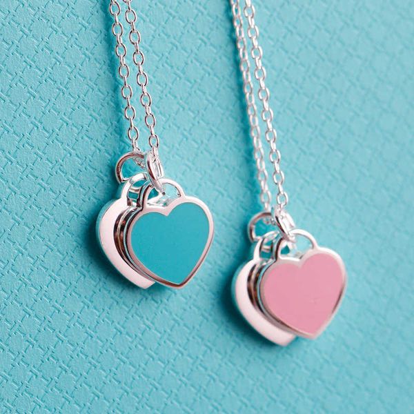 2024 Designer S925 Sterling Silver T Família colar de esmalte azul rosa Double Love Heart Pingente de Clavícula Feminina Namorada Valentina Pulseira do Dia dos Namorados
