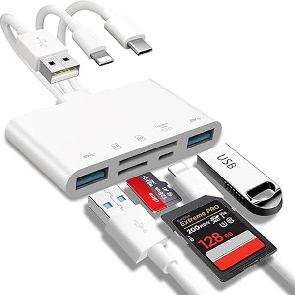 LEITOR DE CARTÃO DE MEMÓRIA 5 em 1, Adaptador USB OTG para I-Phone/I-Pad, USB C e USB A Dispositivos com slots de cartão Micro SD