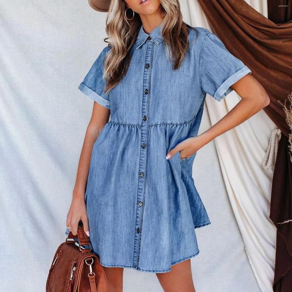 Vestidos casuais manga curta denim vestido azul com bolso verão flowy swing mini 2023 chegada mulheres vestidos