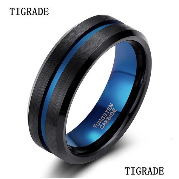 Anéis de banda Tigrade 8mm homens preto anel de carboneto de tungstênio fino linha azul casamento vintage jóias anel mascino aneis tamanho 6-15 gota deliv ot2vc