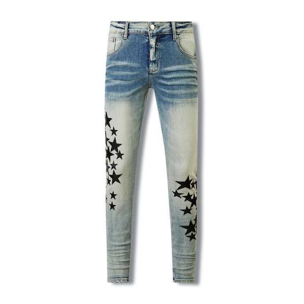 American Style High Street Distressed Patchwork Leather Star Live-Streaming Internet Celebrity Jeans Fccc1