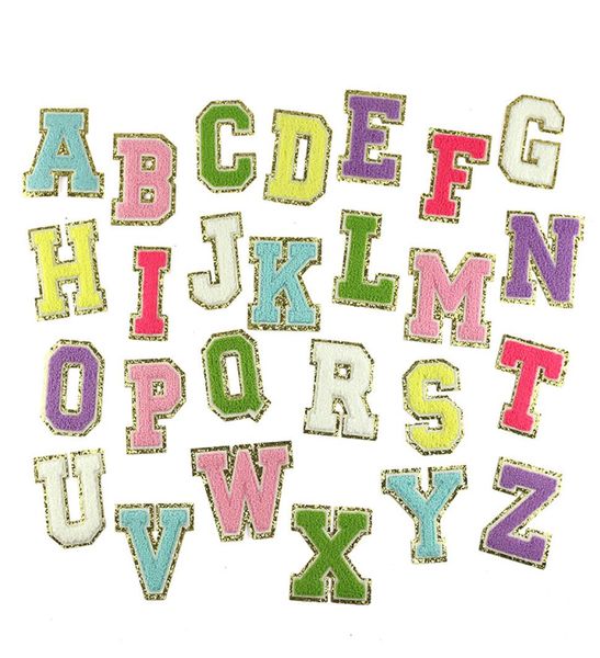 Mix Color Chenille Stoff Gold Glitzer Buchstaben Patches Handtuch Stickbogen Regenbogen Gritt Alphabet Eisen auf schöner Aufkleber Name Clodin2340724