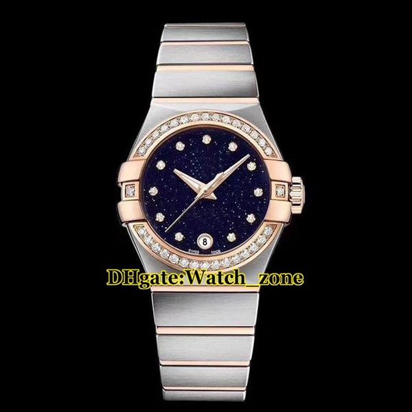 27mm Dream Blue Starry Sky Dial Swiss Quartz Womens Assista Diamond Buzel Two Tone Gold Gold Rosa Banda de aço inoxidável Moda Lady Watch228J