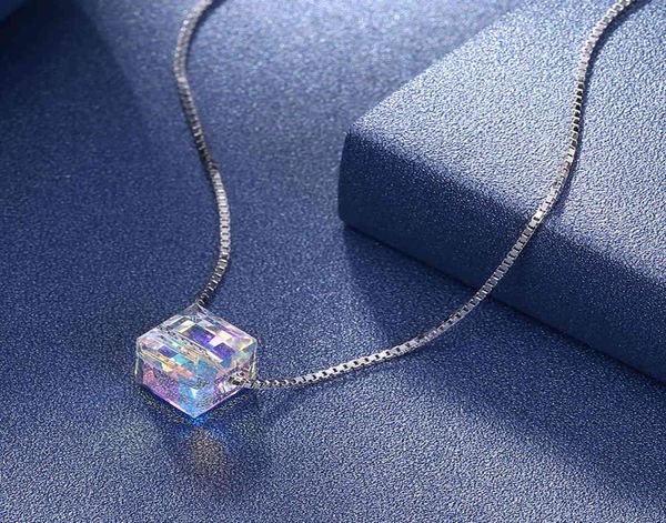 Lekani Blue Cube Kristalle von Rovski 925 Sterling Silber Square Form Pendant Hochzeit Schmuck Halskette9680470