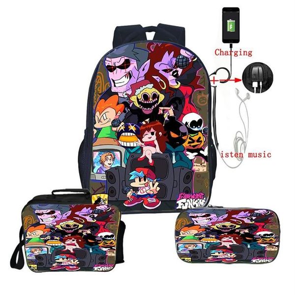 Mochila 3 pçs conjunto sexta-feira noite funkin bela impressão 3d bookbag meninos menina mochilas escolares carga usb viagem mochila lanche box212i