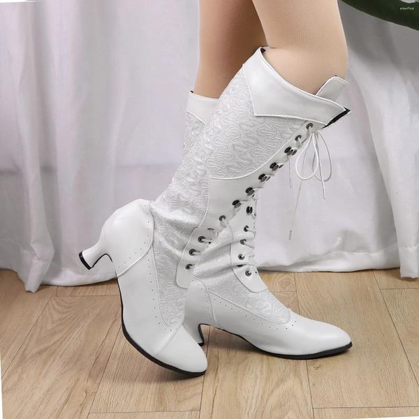 Botas femininas moda branca renda patchwork até o joelho alto lado zip apontado dedo do pé baixo salto inverno outono moderno