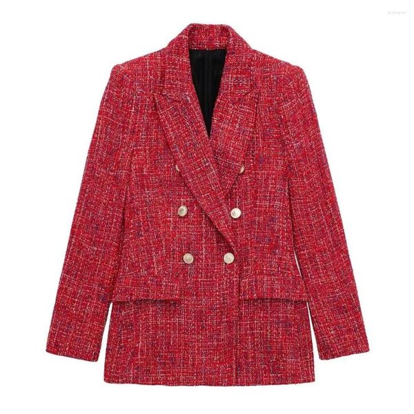 Ternos femininos Slub Slub Blazer Jaqueta de xadrez vermelha de trespassagem