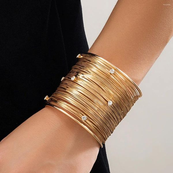 Bracciale punk fili metallici multistrato corde bracciali braccialetti per le donne regali di gioielli per feste con polsini spalancati color oro cristallo
