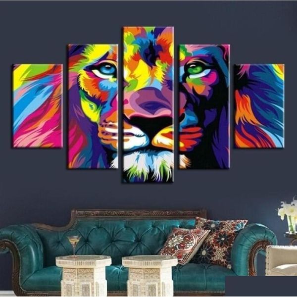 Pinturas pinturas modernas pinturas a óleo para sofá decoração de parede 5 estampas decorativas de referência figuras de artes de cor animal de lion home dro dhw5z