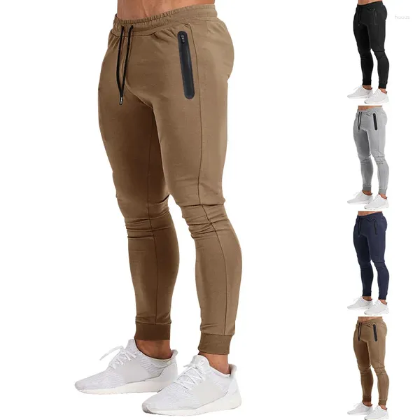 Calças masculinas cor sólida joggers sweatpants fitness correndo treinamento casual esportes bottoms moda zíper bolso fino ajuste calças com cordão