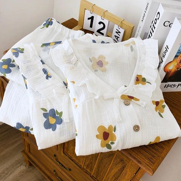 Frauen Nachtwäsche reine Baumwoll-Pyjamas Sets für Frauen Unterwäsche Set V-Ausschnitt Blumen Nachtwäsche Langarmhosen Nachtwäsche