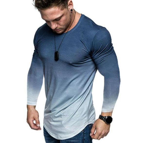 Hirigin MEN039S Ginástica gradiente de camisa de camisa Slim Muscle Fit Manga Longa Algodão Longo Curvo Tshirts Men Gradiente Casual Tops M3557157