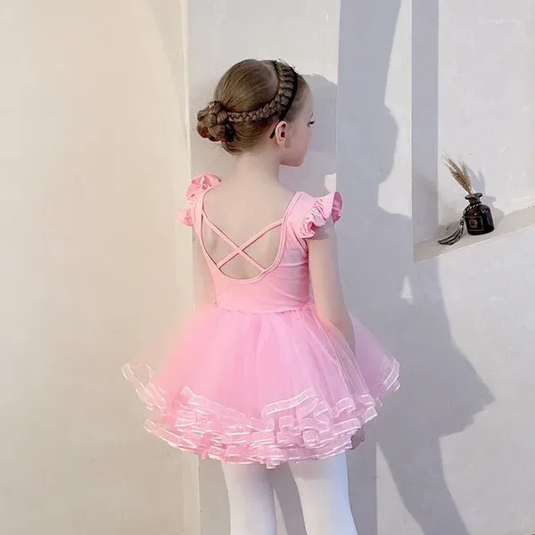 Bühnenkleidung Ballett-Trikots für Mädchen, Kleinkind, kurze Rüschenärmel, Tüll, Tanz, 4 Schichten, Tänzer-Outfit, Rhythmische Gymnastik, Body, Kleid, Skate