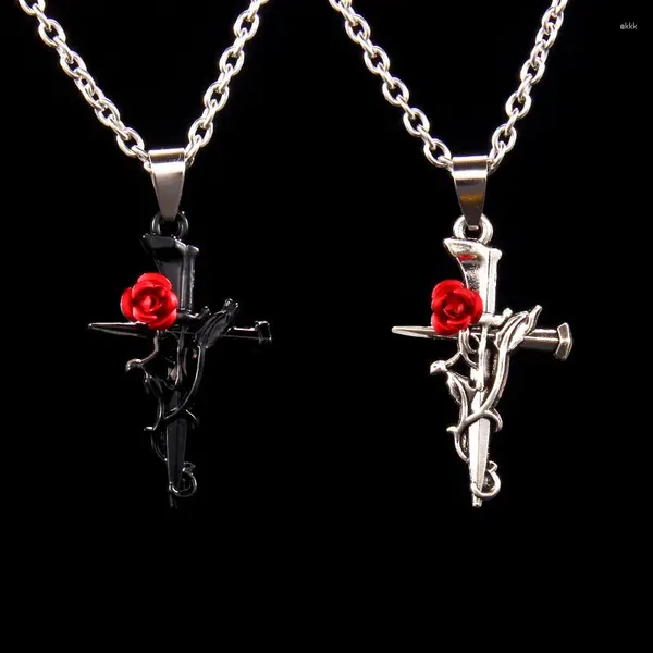 Anhänger Halsketten Gothic Punk Rose Kreuz Für Frauen Vintage Pullover Kette Schmuck Zubehör