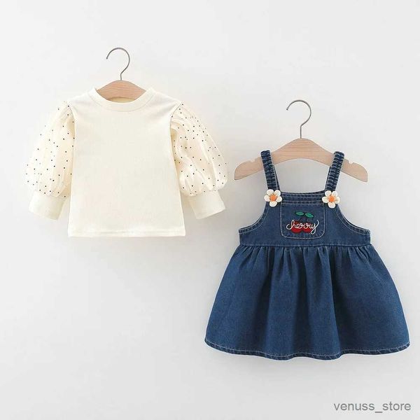 Mädchenkleider Neue Herbst-Set-Mädchen Kinder Kinder Mesh Langarm T-Shirt+Kinder Baby Säuglinge Jeans Blume Kirsche Gesamtkleid 2pcs Outfits