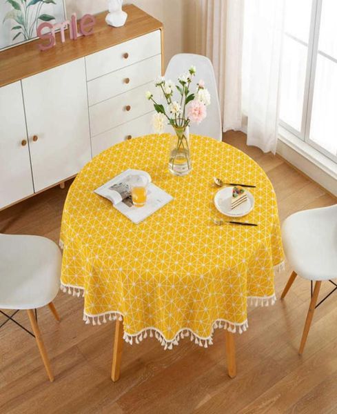 Toalha de mesa redonda nórdica de linho de algodão, amarelo listrado branco com borla, renda, árvore de natal, capa de jantar, pano lavável 2106266971166