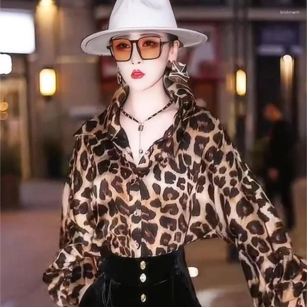 Blusas femininas 2024 primavera leopardo padrão camisa de manga comprida elegante high end solto edição coreana casual mangas sexy