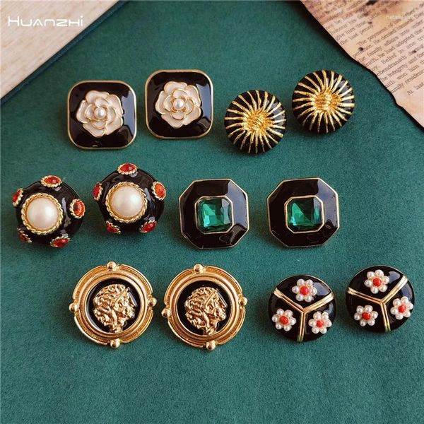 Orecchini per borchie Huanzhi Black Series Black Flower GEOMETRIC Vintage Earrings for Women Girls Elegant Drip Oil Party Gioielli primaverili