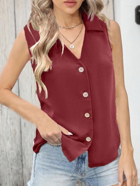 Canotte da donna Camicie estive da donna Camicie eleganti senza maniche con scollo all'americana Camicie da ufficio Lady Bianco Nero Vino Rosso Camicetta Chic Top