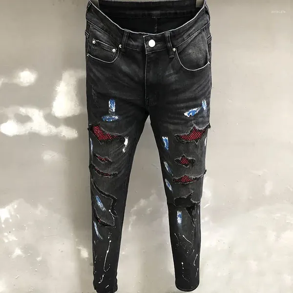 Erkekler kot eğilimi yırtılmış jean yığılmış yüksek sokak deliği spijkerbroeken heren bisikletçisi pantolon homme marque de kırmızı rhinestones erkek