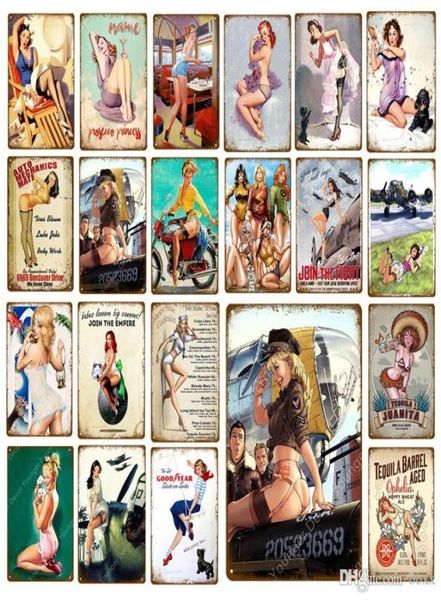 2021 Sexy Lady Auto Motorrad Flugzeug Mit Pin Up Girls Metall Zinn Zeichen Vintage Poster Kunst Malerei Handwerk Pub Bar hause Wand Decor6907025