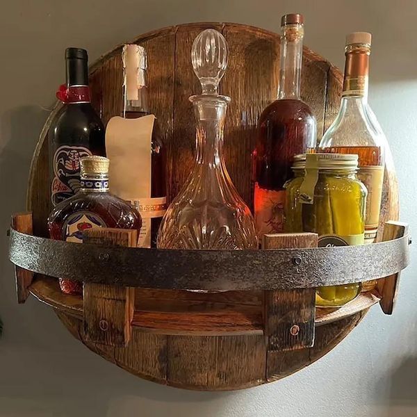 Scaffali Portaoggetti Scaffali Espositore per bottiglie di liquore realizzato a mano Montato a parete Scaffale per vino rotondo vintage Scaffale per vino in legno Scaffale per whisky Bicchieri