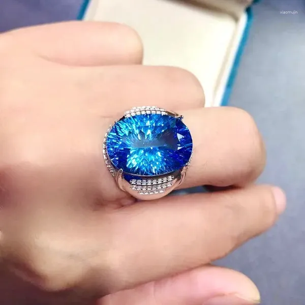 Clusterringe natürlicher blauer Topaz Ring 925 Sterling Silber weibliche Unterstützung Erkennung feiner Schmuck Engagement für Männer