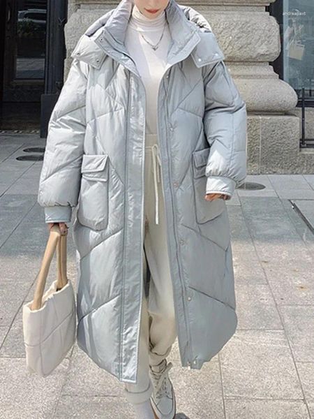 Женские плащи Длинные пуховики Женские повседневные толстые теплые стеганые пальто Зимние свободные однотонные парки с капюшоном Леди Корейская мода Пальто