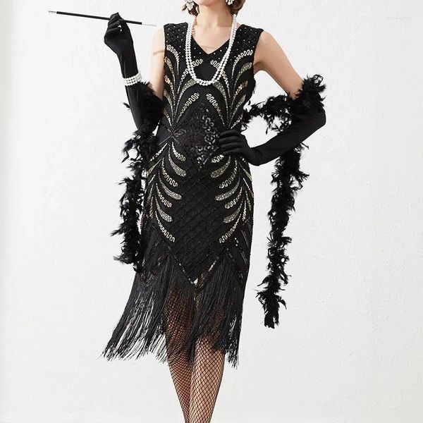 Bühnenkleidung Frauen Flapper Kleider Plus Size Vintage 1920er Gatsby inspiriertes Kleid mit Fransen, Pailletten und Perlen für Party, Abschlussball