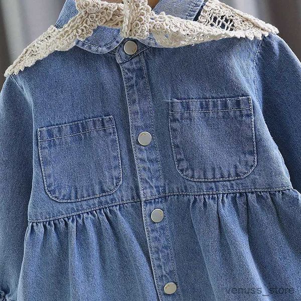 Mädchenkleider Herbst Baby Mädchen Kleid Langarm Umlegekragen mit Spitze Lässige Kinder A-Linie Einreiher Hemdkleider