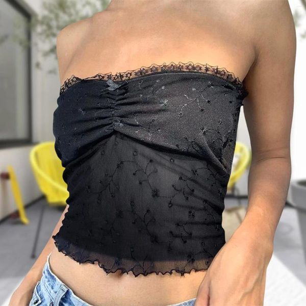 Kadın Tankları Kadın Pullover Bandeau Mahsul Top Mesh Y2K Dantel Straplez Kolsuz Tekne Boyun Katı İnce Fit Basit Street Giyim Takım