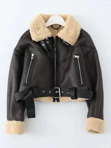 Damen Leder Winter Frauen Y2K Streetwear Faux Lamb Fell Kurzjacke mit Gürtel Moto Biker Dicke warme Schaffell -Mantel Outwear Outwear