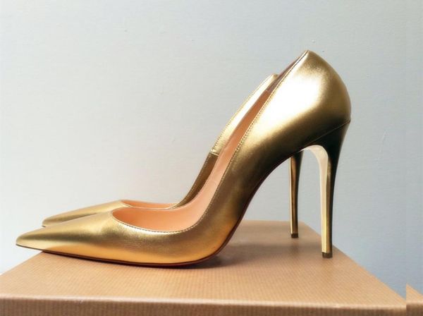 Designer casual Moda feminina vestido Sapatos de couro fosco de ouro pontudas de dedo pontudas de estripador de salto alto bombas noturnas de baile