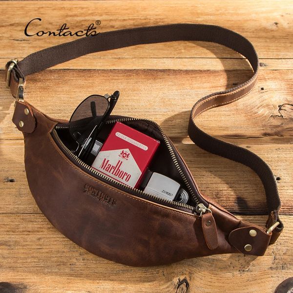 CONTACT'S Echte Crazy Horse Leder Taille Packs Für Männer Reise Fanny Pack Einzelne Schulter Tasche für Telefon Männliche Brust Taschen 2023 231220