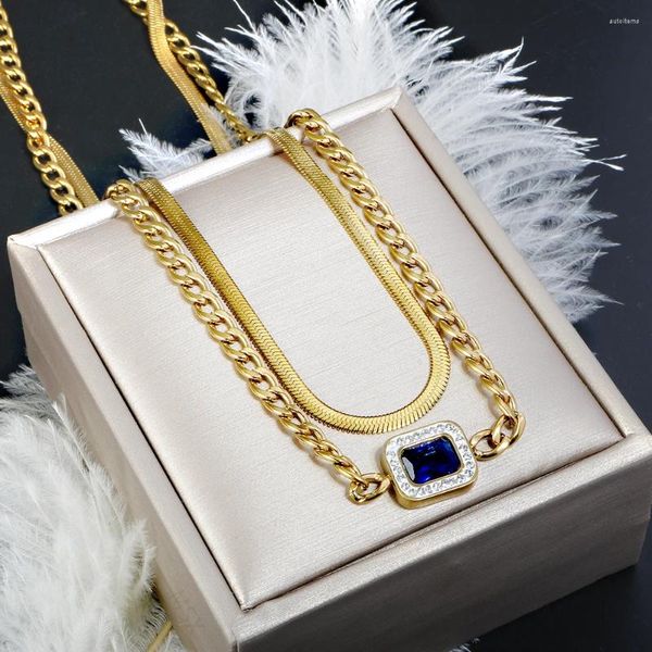 Anhänger Halsketten Luxus Doppelschichtige Halskette Für Frauen 18 Karat Vergoldet Quadratisch Mit Kristall Set Party Geschenke Schmuck