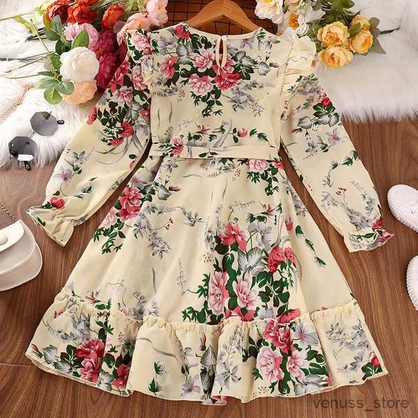 Mädchenkleider Kinder Blumendruck Langarm Kleid für Mädchen Herbst Winter 2023 Neues Kind Casual Floaze Hülle Rüschen Saum A-Line-Kleid Kleidung