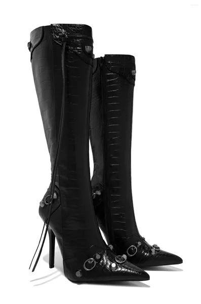 Stivali a punta per donna Tacco sottile Moda sexy Frange alte al ginocchio Design in metallo Scarpe eleganti invernali classiche