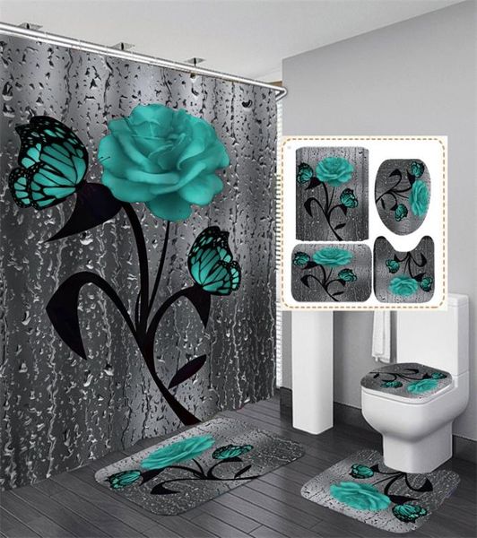 Tapete de banho floral e cortina de chuveiro de 180x180cm Conjunto de chuveiro com ganchos tapetes de banho anti -skid banheiro carpete de banheiro pad3917211