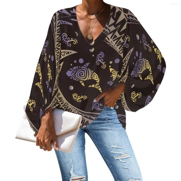 Blouses femininas Totem Totem Totem Tonga Tonga Tonga Polinésia Summer All-Match Women Women Casual Lantern Sleeve Pleed