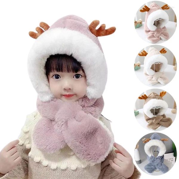Berets inverno crianças coral velo quente cachecol bonito chifres macio bebê chapéu meninos meninas pescoço proteção de orelha engrossado chapéus 1-6 anos de idade