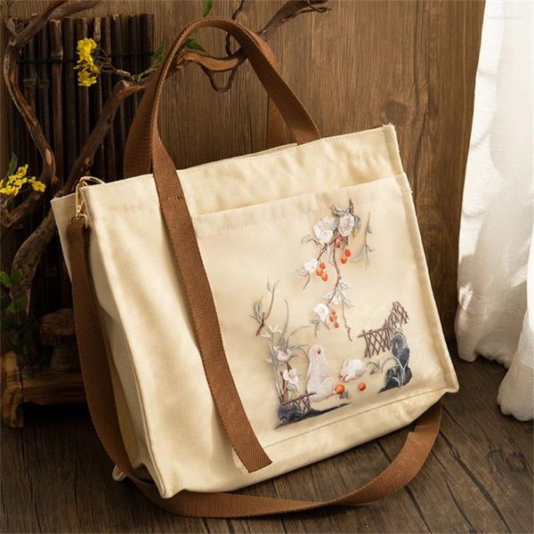 Schultaschen 1 Stück Chinesischer alter Stil Tote Umhängetasche Hanfu Satchel Leinwand Stickerei Große Kapazität Handtasche Reißverschluss Umhängetasche Geschenk