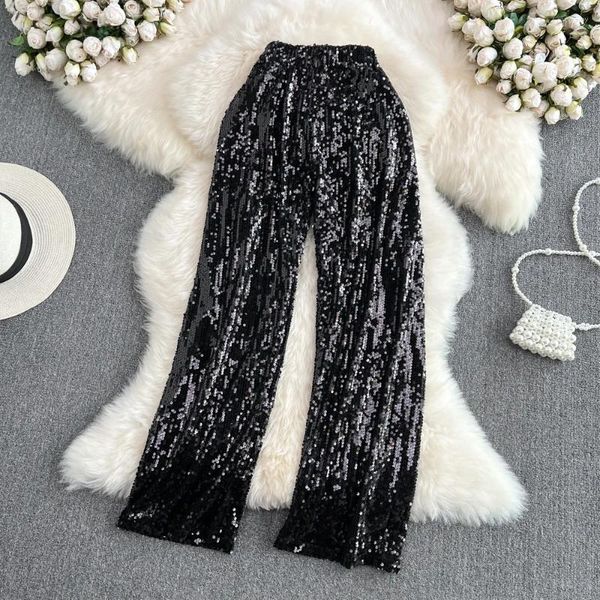 Frauenhose Frauen Mode glänzende Hosen hohe Taille Pailletten Fackeln Spring Silber Glitz