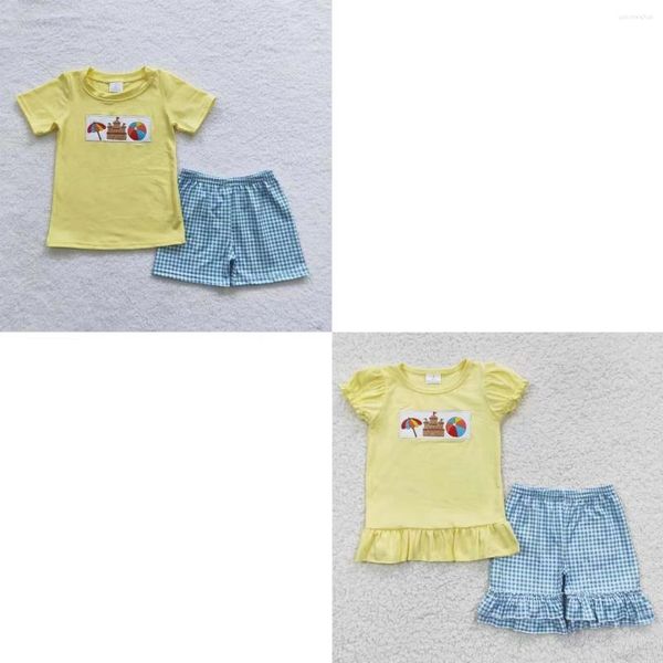 Комплекты одежды для малышей, летний комплект с вышивкой, рубашка с короткими рукавами и замком из песка, детские шорты в клетку, одинаковый пляжный наряд для маленьких мальчиков и девочек